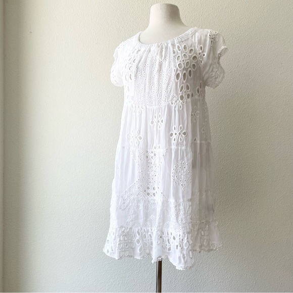 JOHNNY WAS White Eyelet Lace Mini Bay Doll Dress Swim Coverup With Slip Size S - Picture 5 of 11